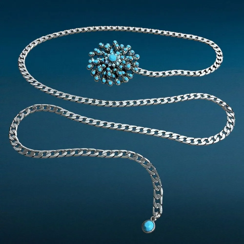 Cara NY Womens Curb Chain Belt Blue Rhinestone Buckle Silver Tone Waist Jewelry